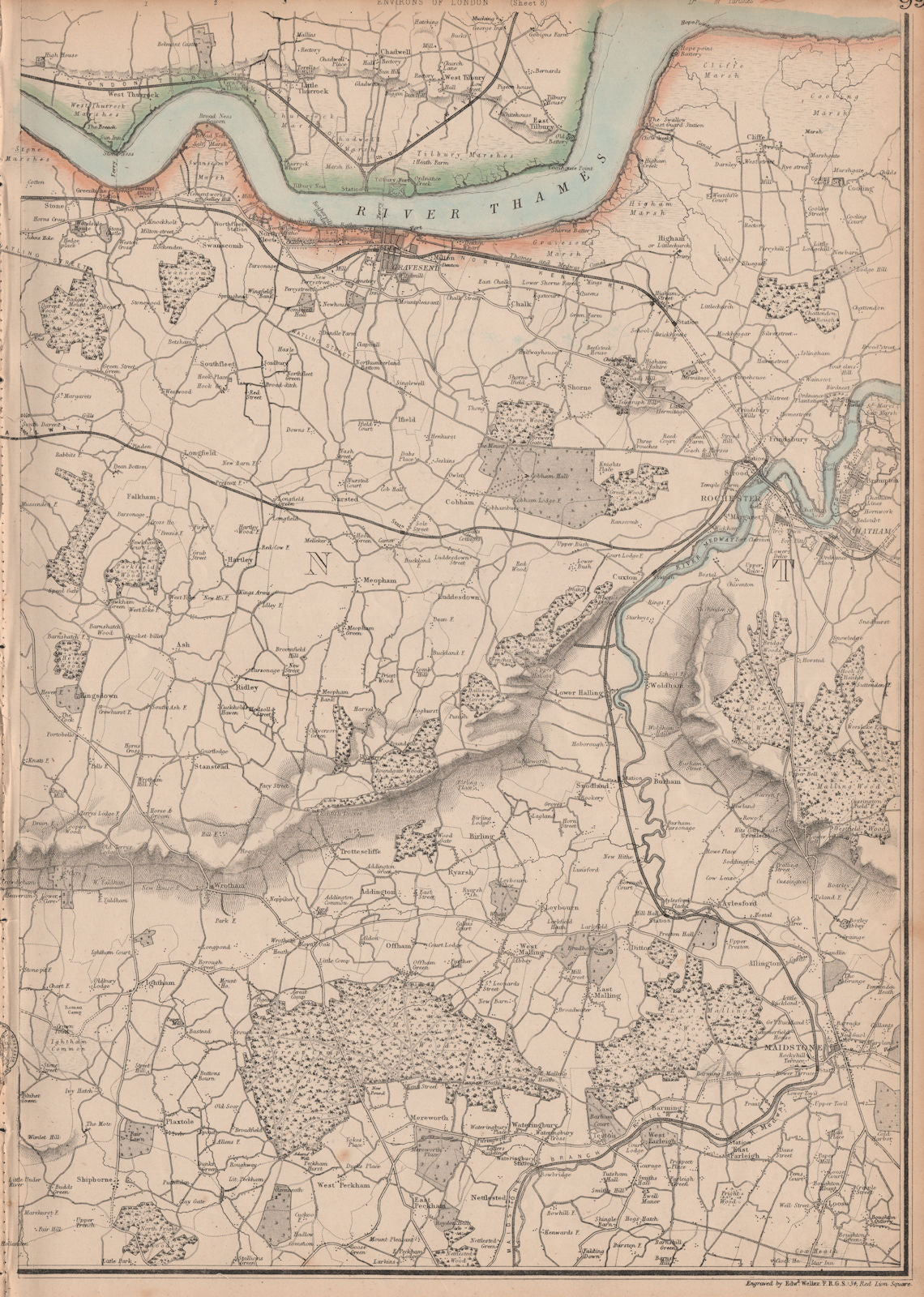 N KENT. Maidstone Rochester Chatham Gravesend Tilbury Thurrock. WELLER 1862 map